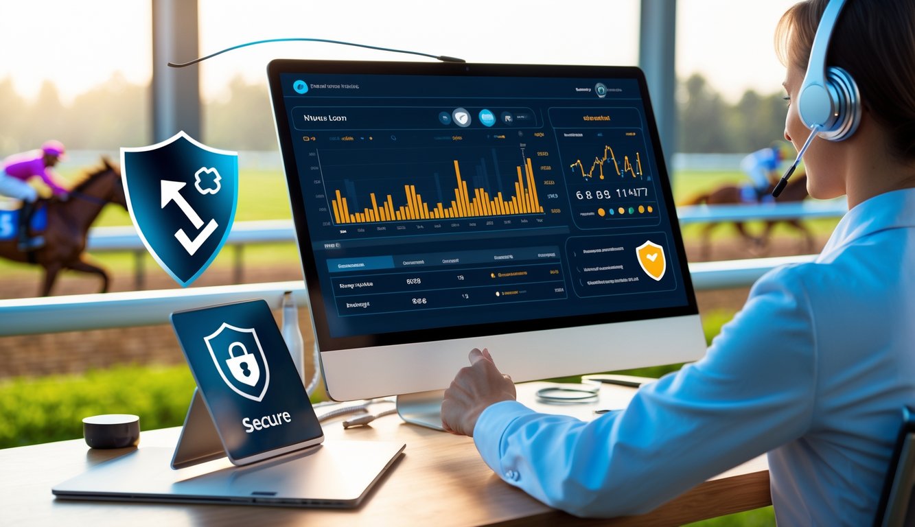 Seorang perwakilan layanan pelanggan tersenyum sambil membantu klien dengan latar belakang trek balap kuda dan perangkat digital yang menampilkan statistik balap kuda.