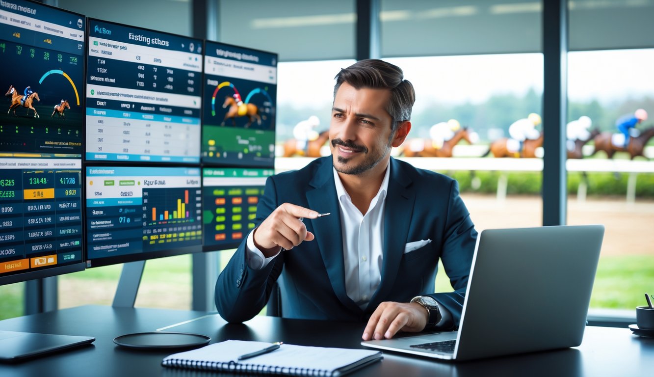 Seorang pria profesional duduk di meja kerja dengan layar komputer yang menampilkan statistik balap kuda, sedang menganalisis strategi taruhan.
