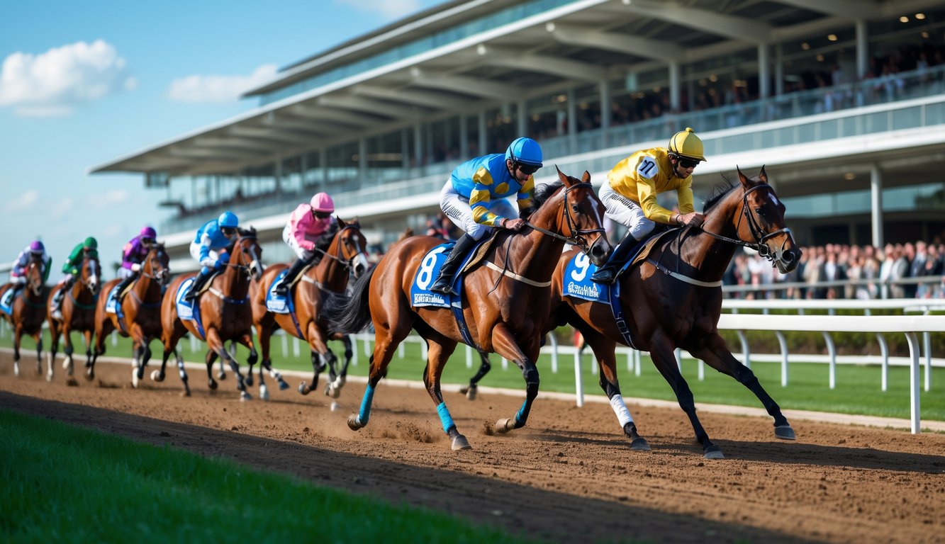 Balapan kuda dengan joki sedang berlomba di lintasan dengan penonton di latar belakang.