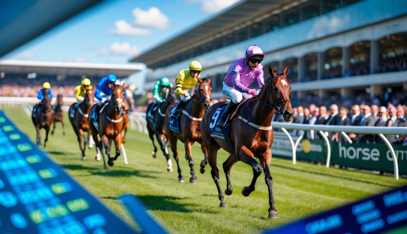 Beberapa kuda pacuan dengan joki sedang berlomba di lintasan dengan penonton di latar belakang dan papan taruhan digital yang menampilkan peluang taruhan.