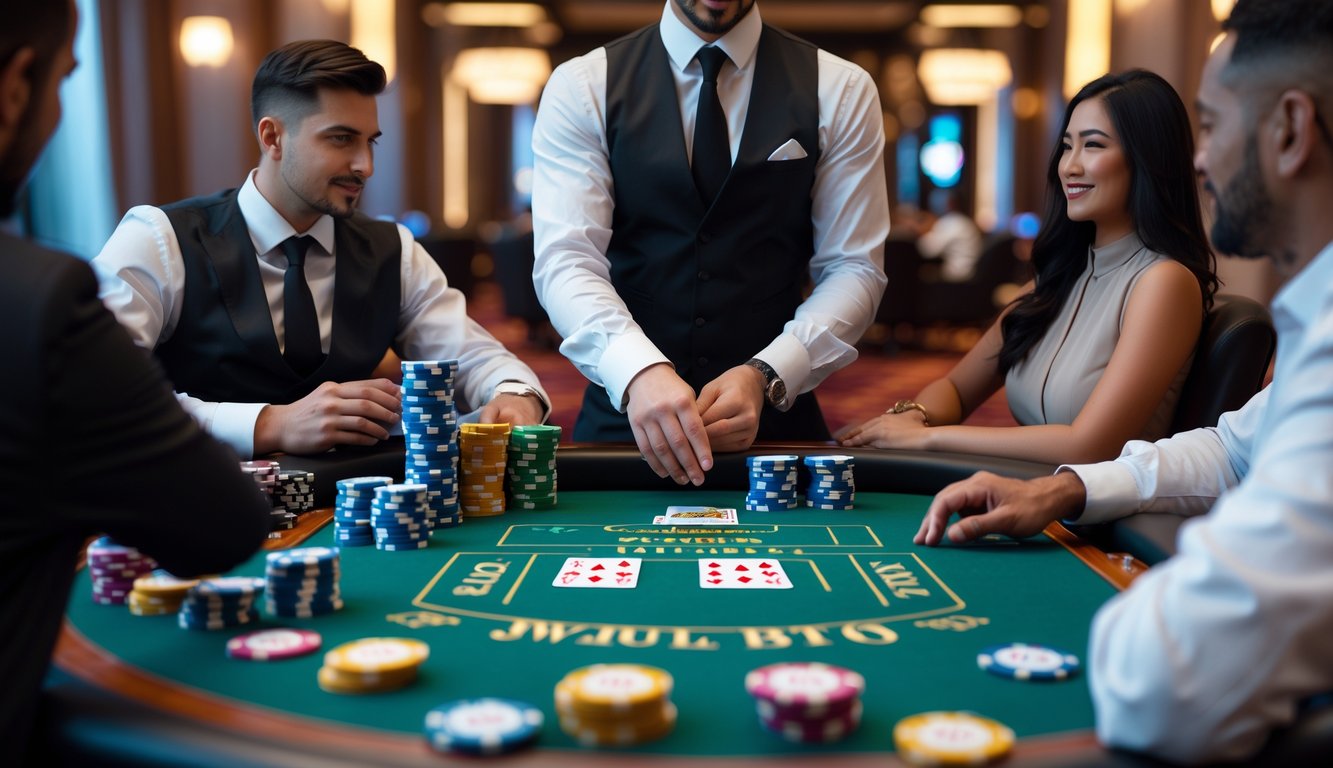 Seorang dealer berjubah rapi membagikan kartu di meja blackjack dengan pemain yang fokus di kasino mewah.