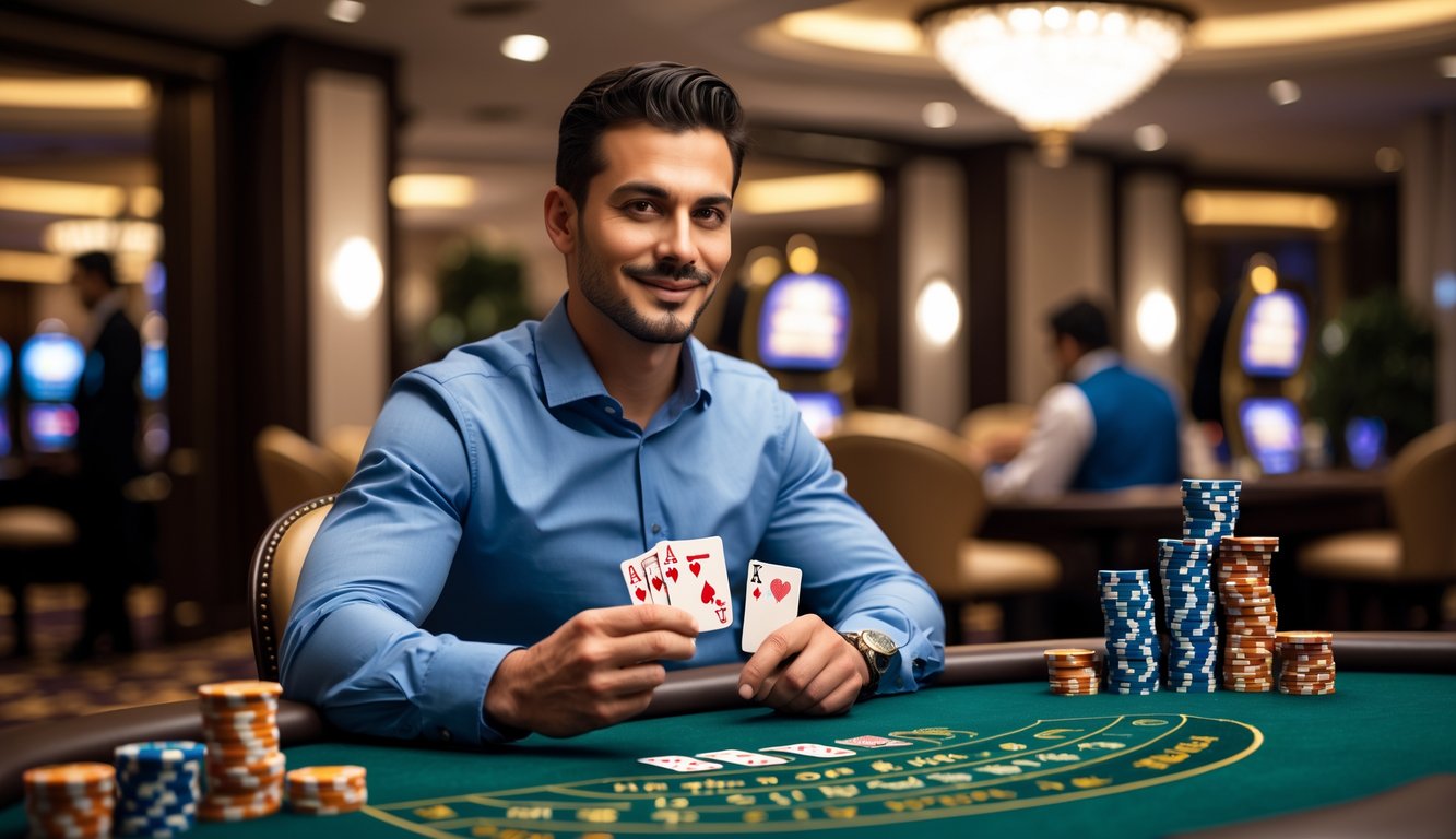 Seorang pria duduk di meja blackjack di kasino dengan kartu dan chip taruhan, tampak fokus dan percaya diri.