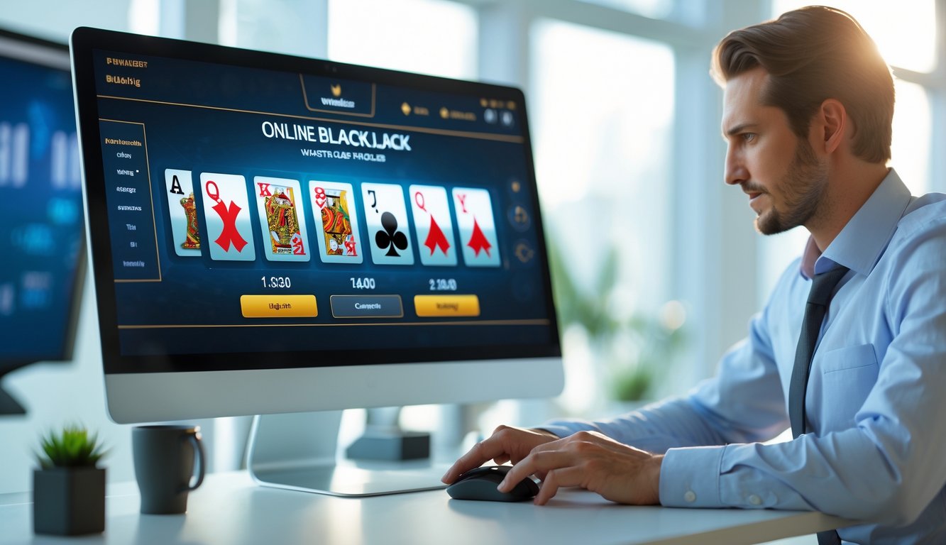 Seorang profesional menggunakan komputer dengan tampilan permainan blackjack digital di layar dalam suasana kantor yang terang dan modern.