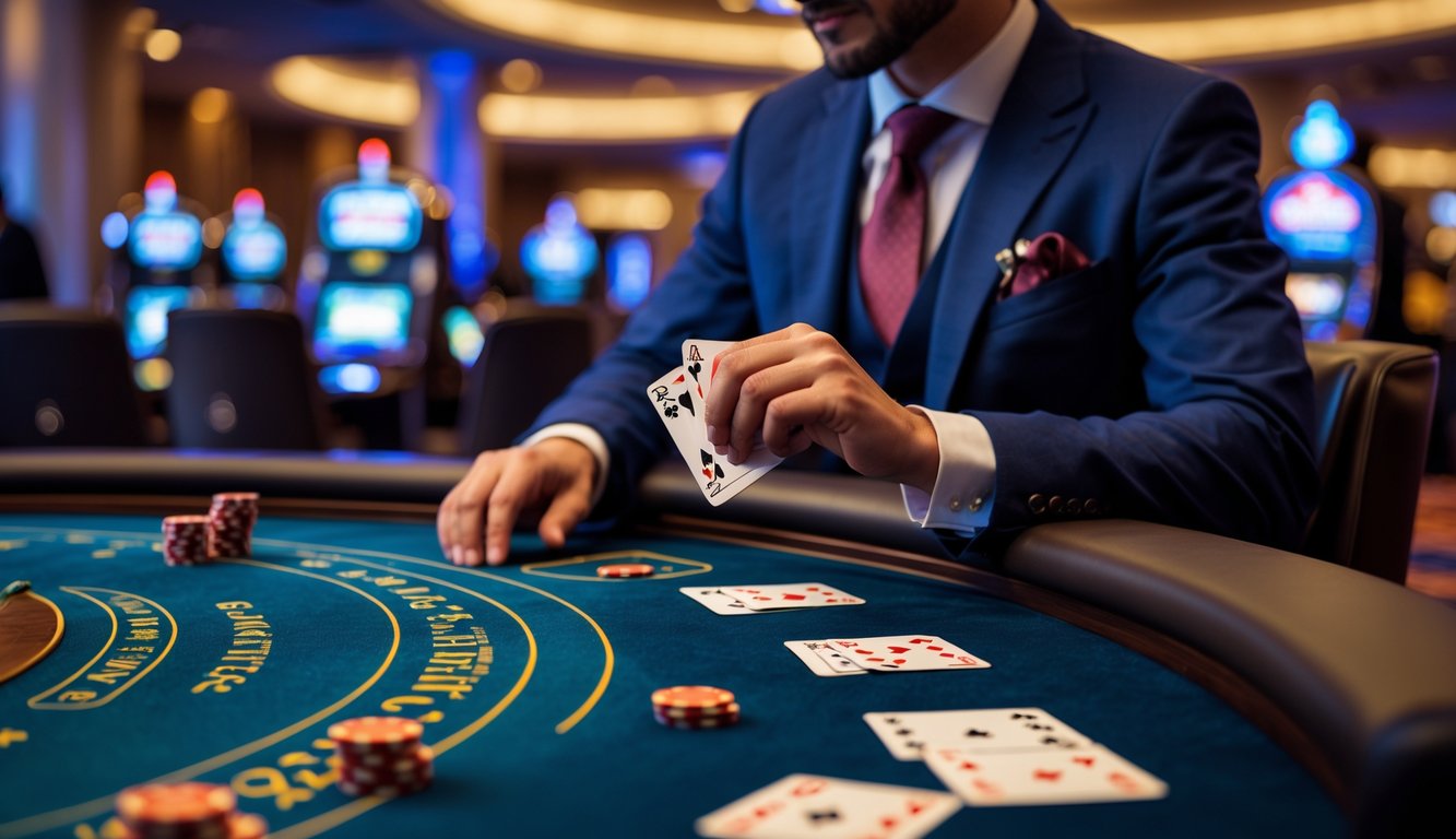 Seorang pemain berjudi di meja blackjack dengan kartu dan chip di kasino yang mewah.