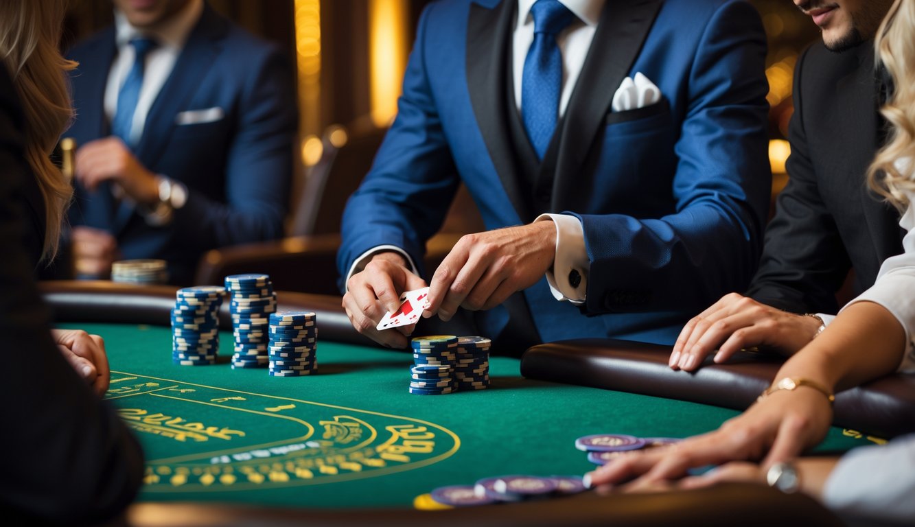 Suasana meja blackjack di kasino dengan dealer dan pemain yang sedang bermain kartu, suasana terlihat mewah dan aman.