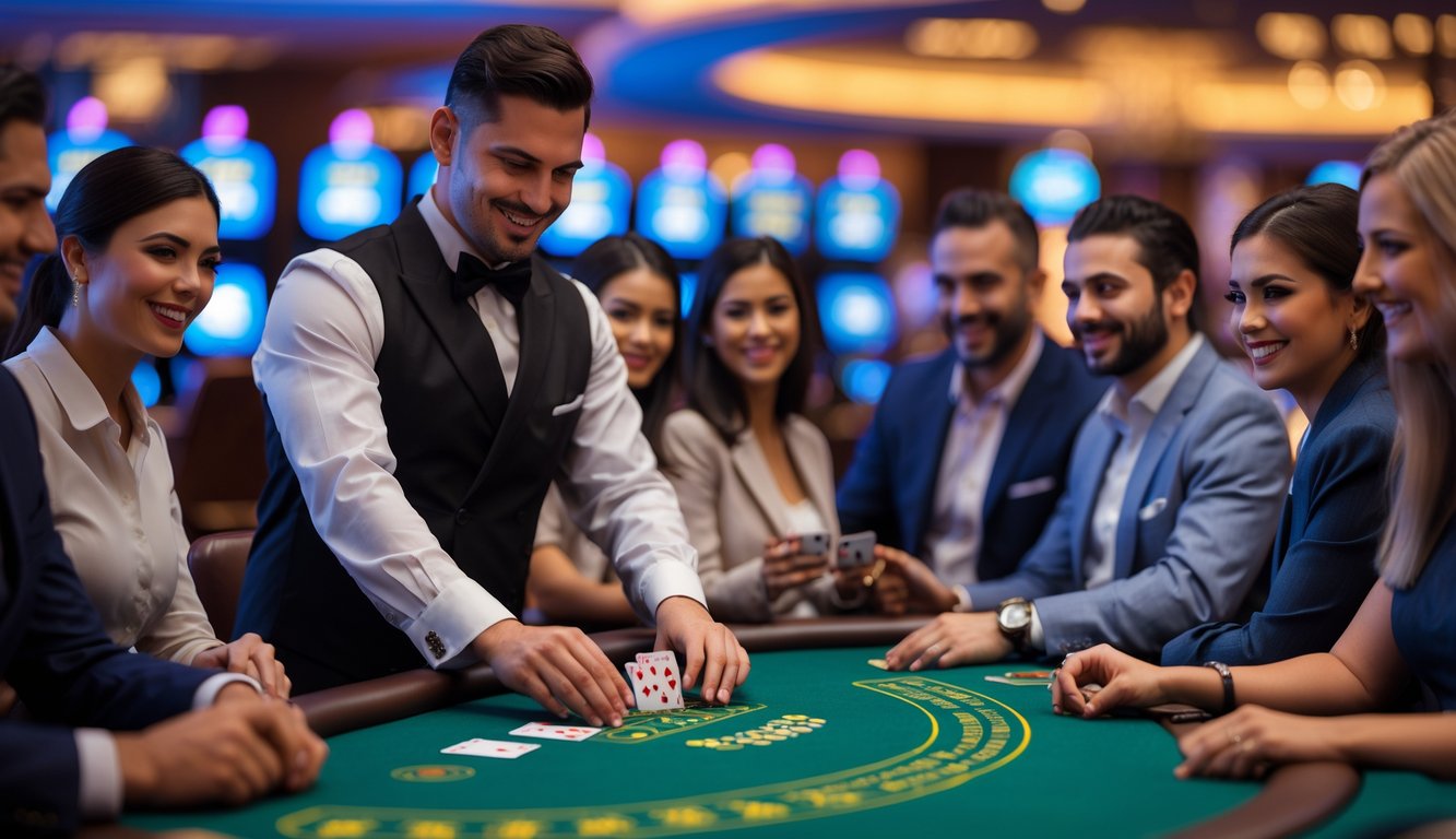 Orang-orang bermain blackjack di meja kasino dengan dealer yang sedang membagikan kartu.