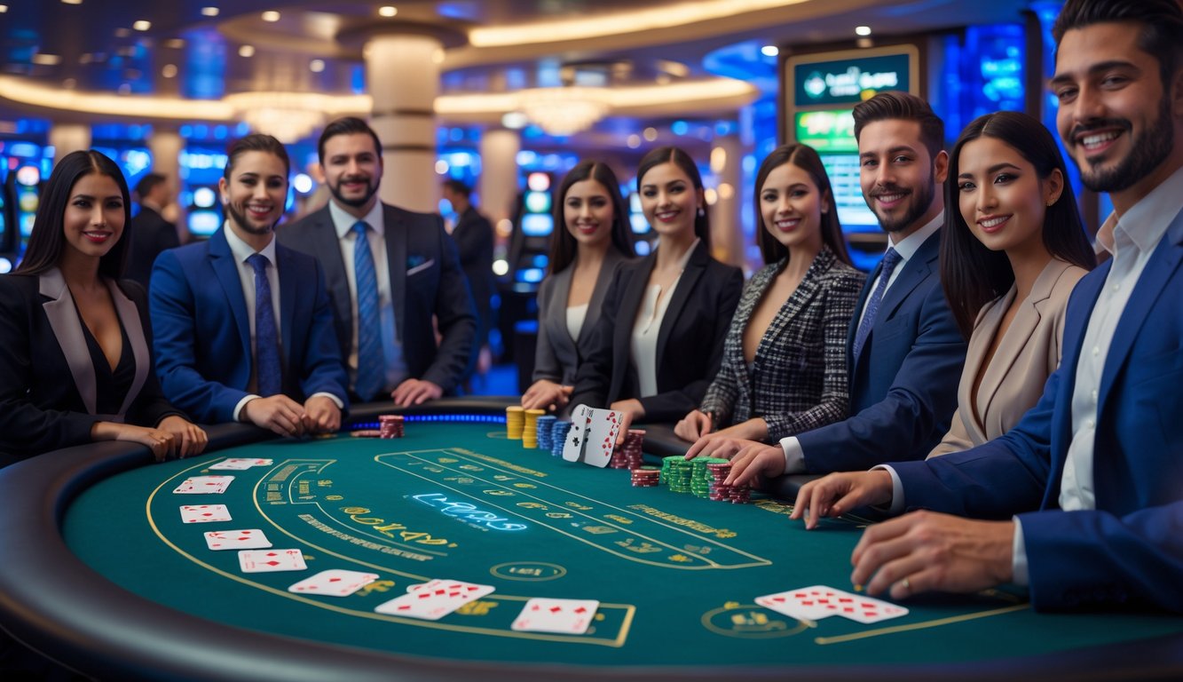 Suasana meja blackjack di kasino dengan pemain dan dealer profesional sedang bermain.