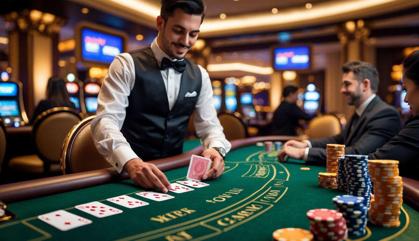 Suasana meja blackjack di kasino dengan dealer dan pemain yang sedang bermain kartu.