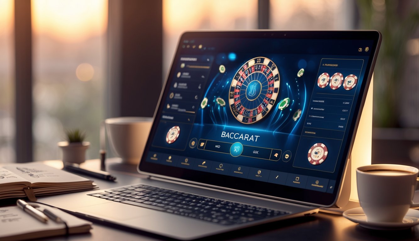 Seorang pemain sedang menggunakan laptop dengan tampilan permainan baccarat online di meja kerja yang rapi dan terang.