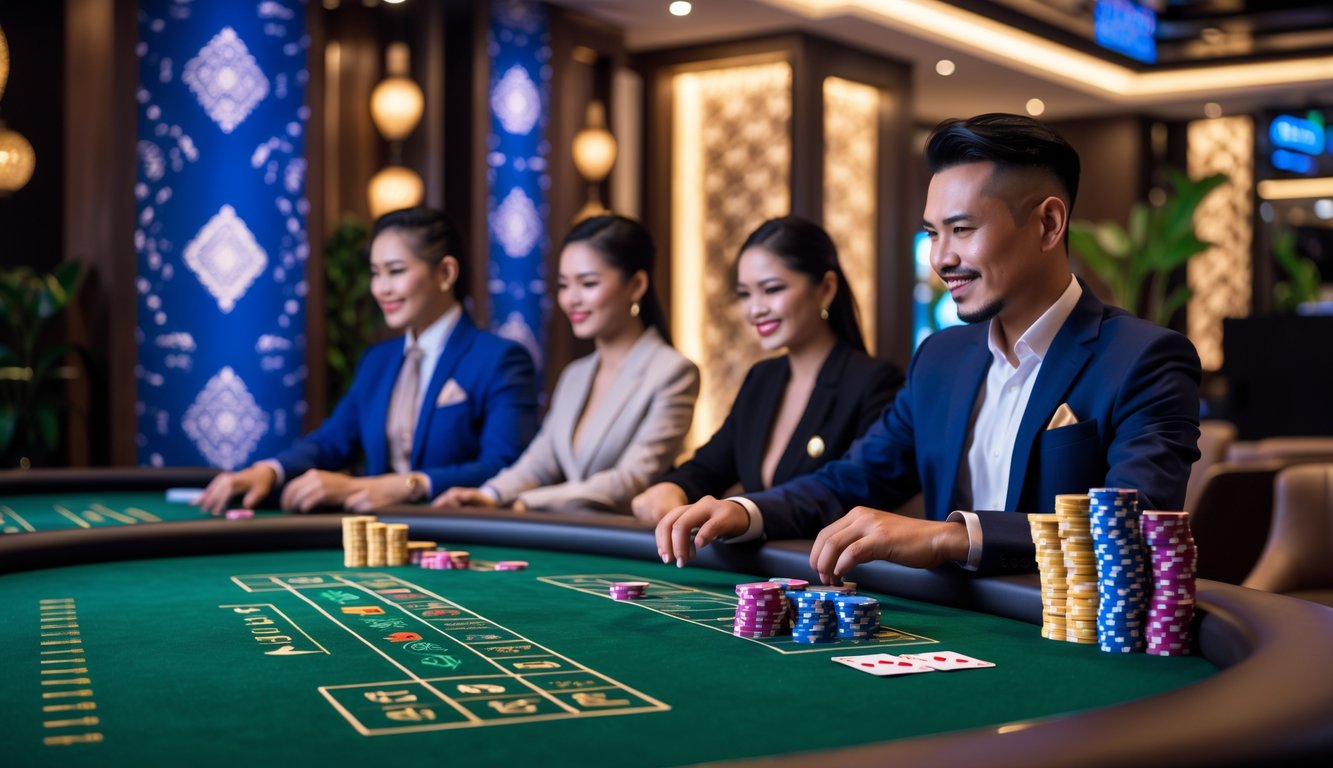 Meja baccarat di kasino modern dengan pemain yang sedang bermain, suasana elegan dan profesional.