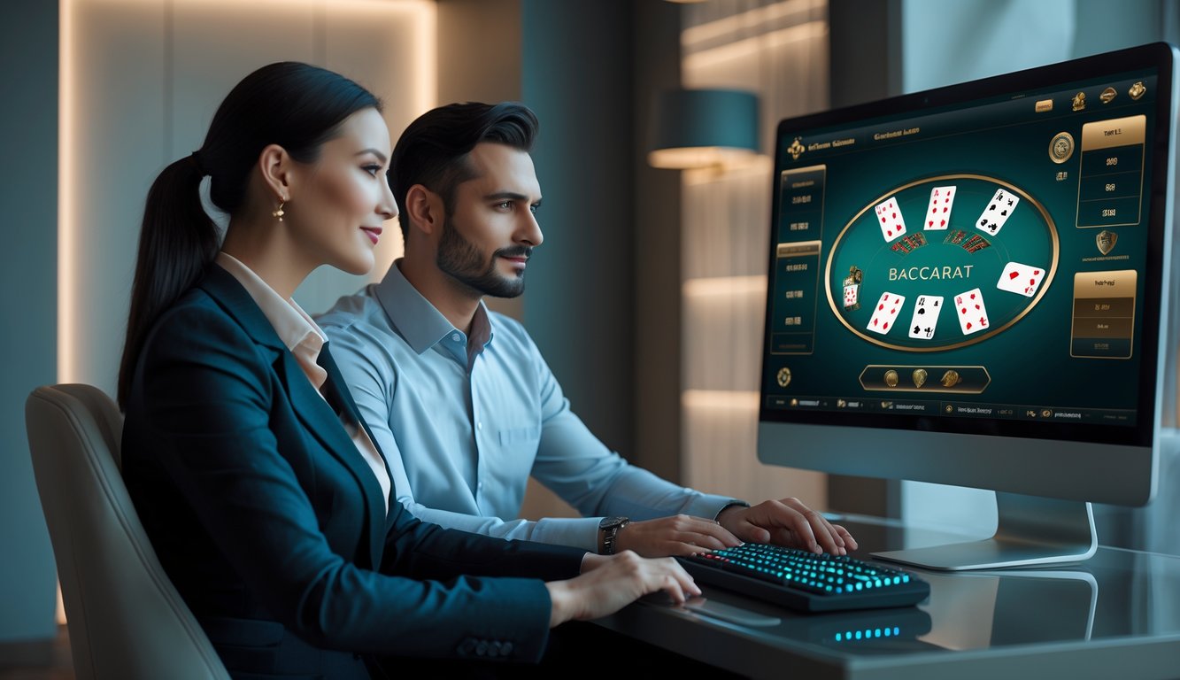 Seorang pria dan wanita duduk di depan layar komputer bermain baccarat online dengan suasana ruangan yang modern dan terang.