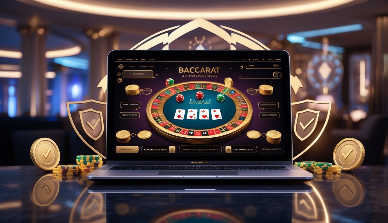 Sebuah laptop menampilkan permainan baccarat online dengan kartu dan chip di layar, dikelilingi oleh simbol kepercayaan seperti emblem perisai emas, di latar belakang suasana kasino modern dengan pencahayaan lembut.