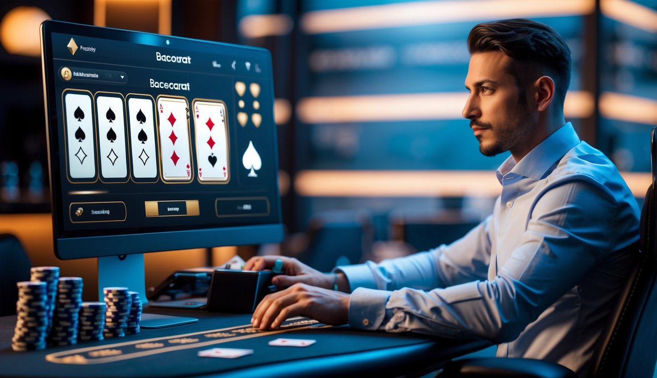 Seorang pemain profesional sedang fokus bermain baccarat online di depan komputer dengan suasana ruangan yang nyaman dan perlengkapan permainan di sekitar.
