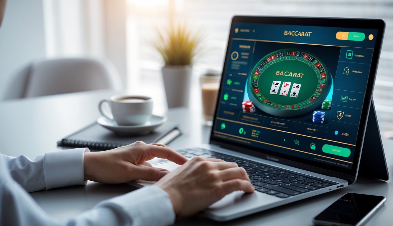 Seorang pengguna sedang bermain baccarat online di komputer dengan meja kerja rapi dan elemen keamanan digital terlihat.