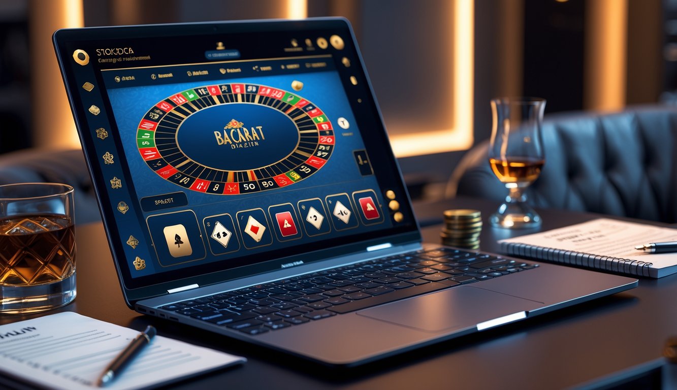 Seseorang sedang menggunakan komputer dengan tampilan permainan baccarat online dan catatan strategi di meja.