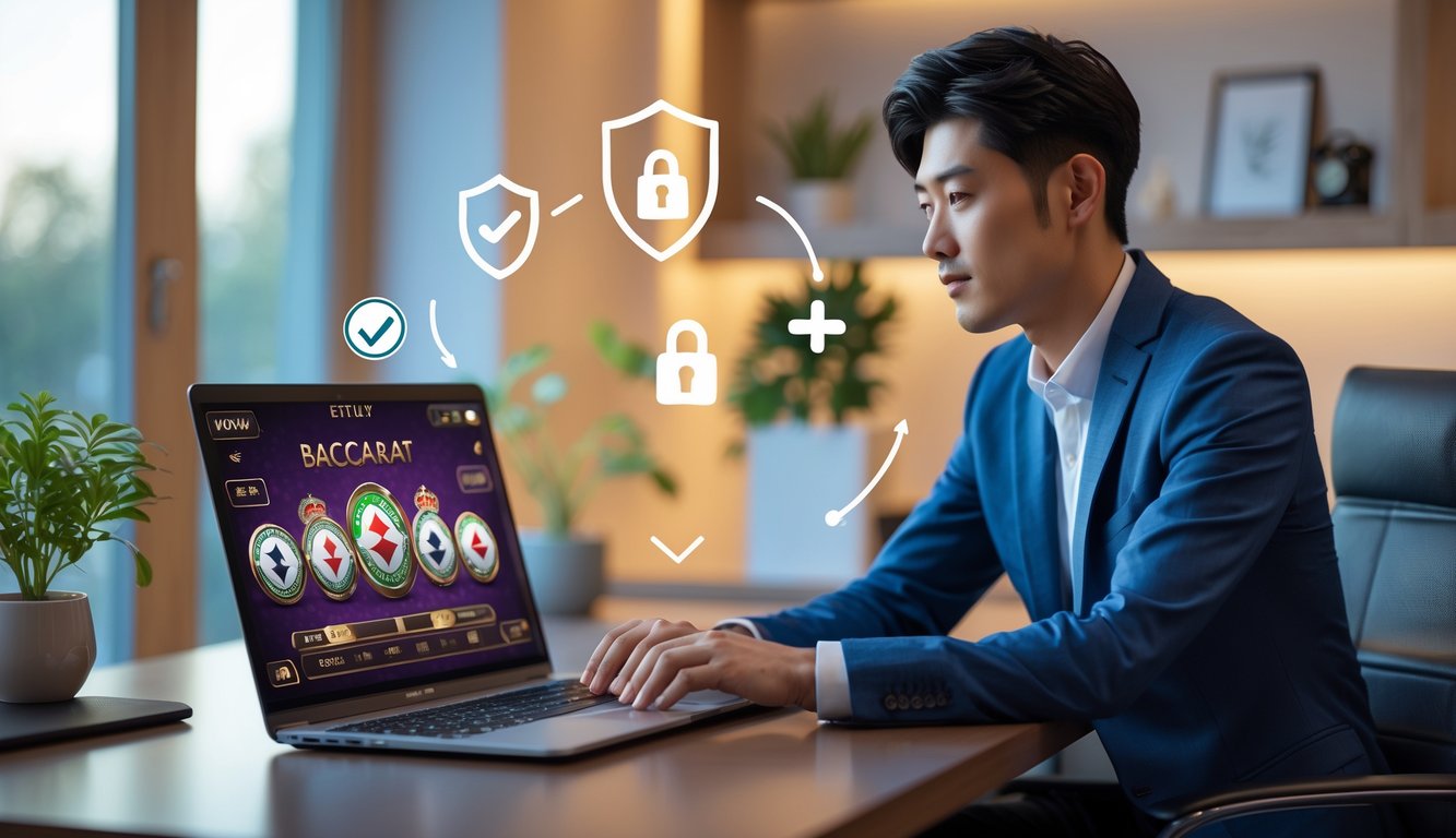 Seorang pria muda duduk di depan laptop yang menampilkan permainan baccarat online, dengan simbol keamanan di latar belakang.