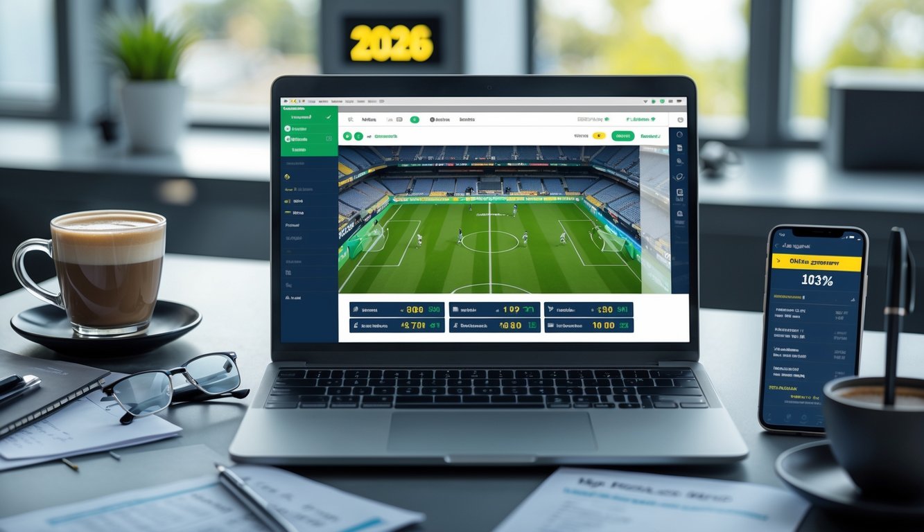 Seorang pria duduk di depan laptop yang menampilkan pertandingan sepak bola dan aplikasi taruhan, dengan suasana kerja yang rapi dan alat tulis di meja.