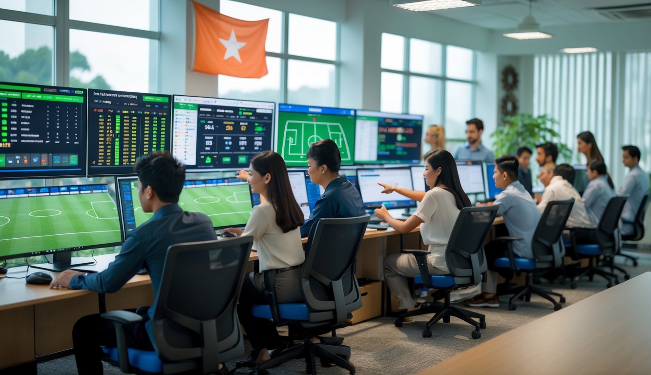 Sekelompok orang muda bekerja bersama di kantor modern dengan komputer yang menampilkan statistik pertandingan sepak bola dan peluang taruhan.