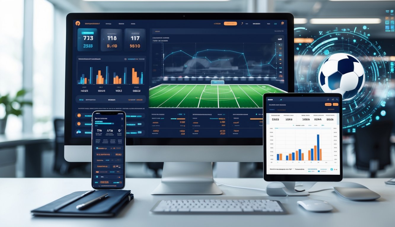 Sebuah ruang kerja modern dengan komputer menampilkan statistik sepak bola dan ponsel yang menunjukkan peluang taruhan langsung.