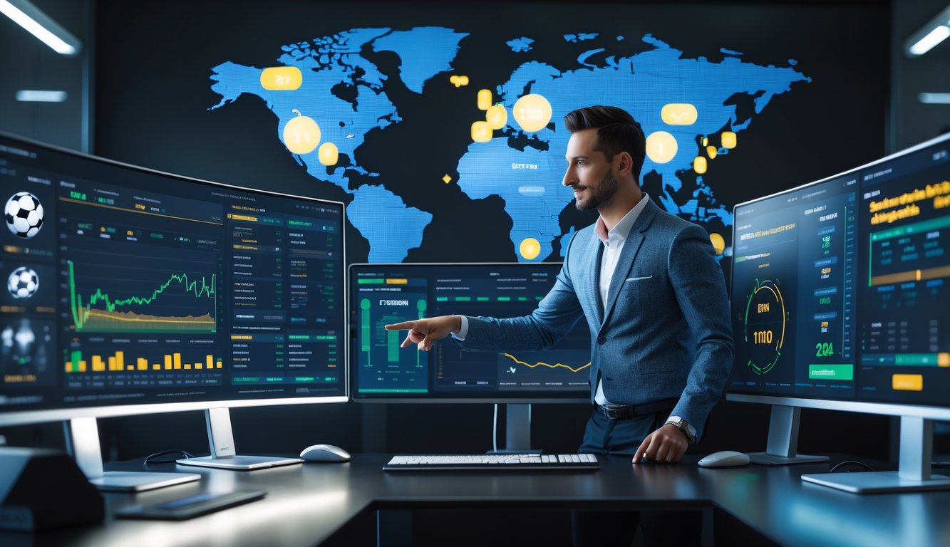 Seorang analis olahraga di meja kerja dengan beberapa monitor menampilkan statistik pertandingan sepak bola dan data taruhan online.