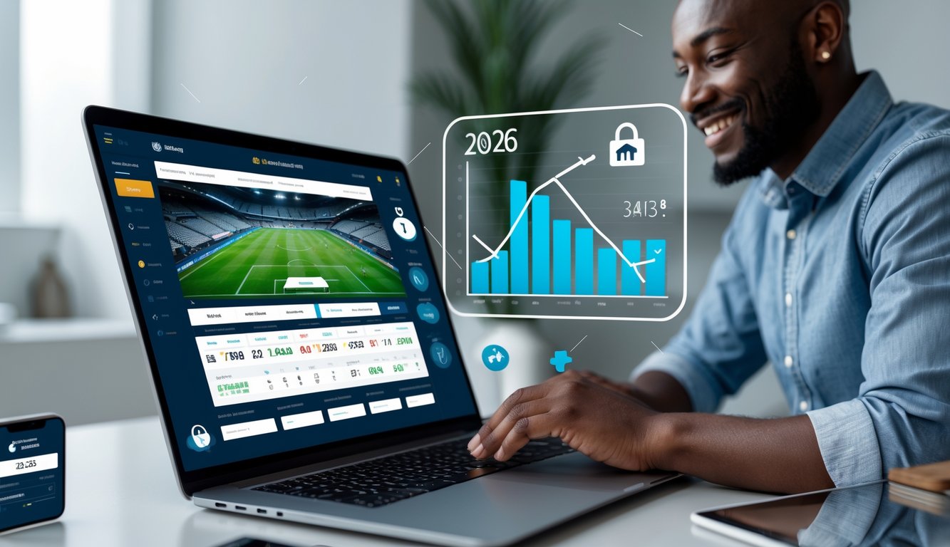 Seseorang sedang menggunakan laptop di meja kerja dengan tampilan situs taruhan bola online dan grafik di sekitar, menunjukkan suasana taruhan bola yang aman dan menguntungkan.