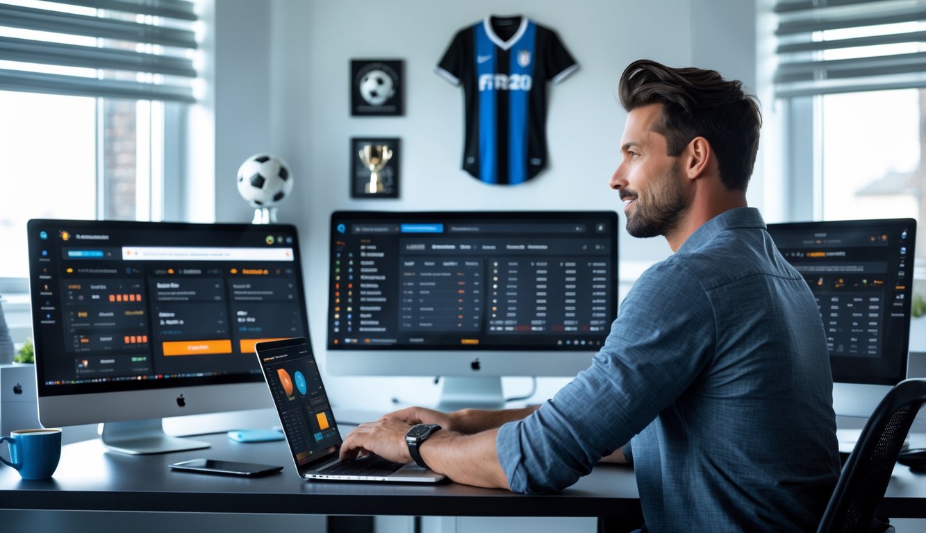 Seorang pria duduk di meja dengan beberapa layar komputer menampilkan data taruhan bola online, di ruangan kantor rumah yang rapi dan terang.