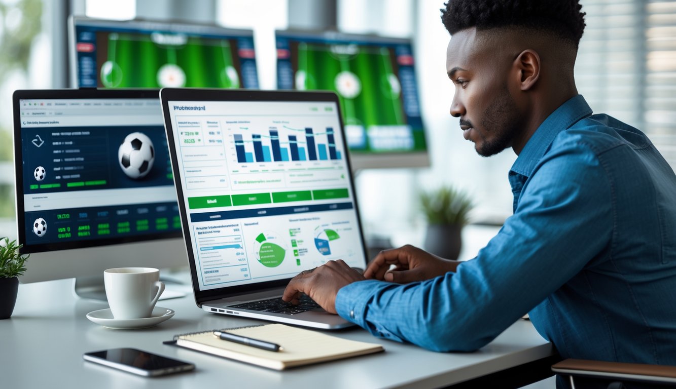 Seseorang duduk di meja dengan laptop yang menampilkan data taruhan sepak bola online, dikelilingi oleh perangkat dan catatan dalam ruangan kantor yang modern.