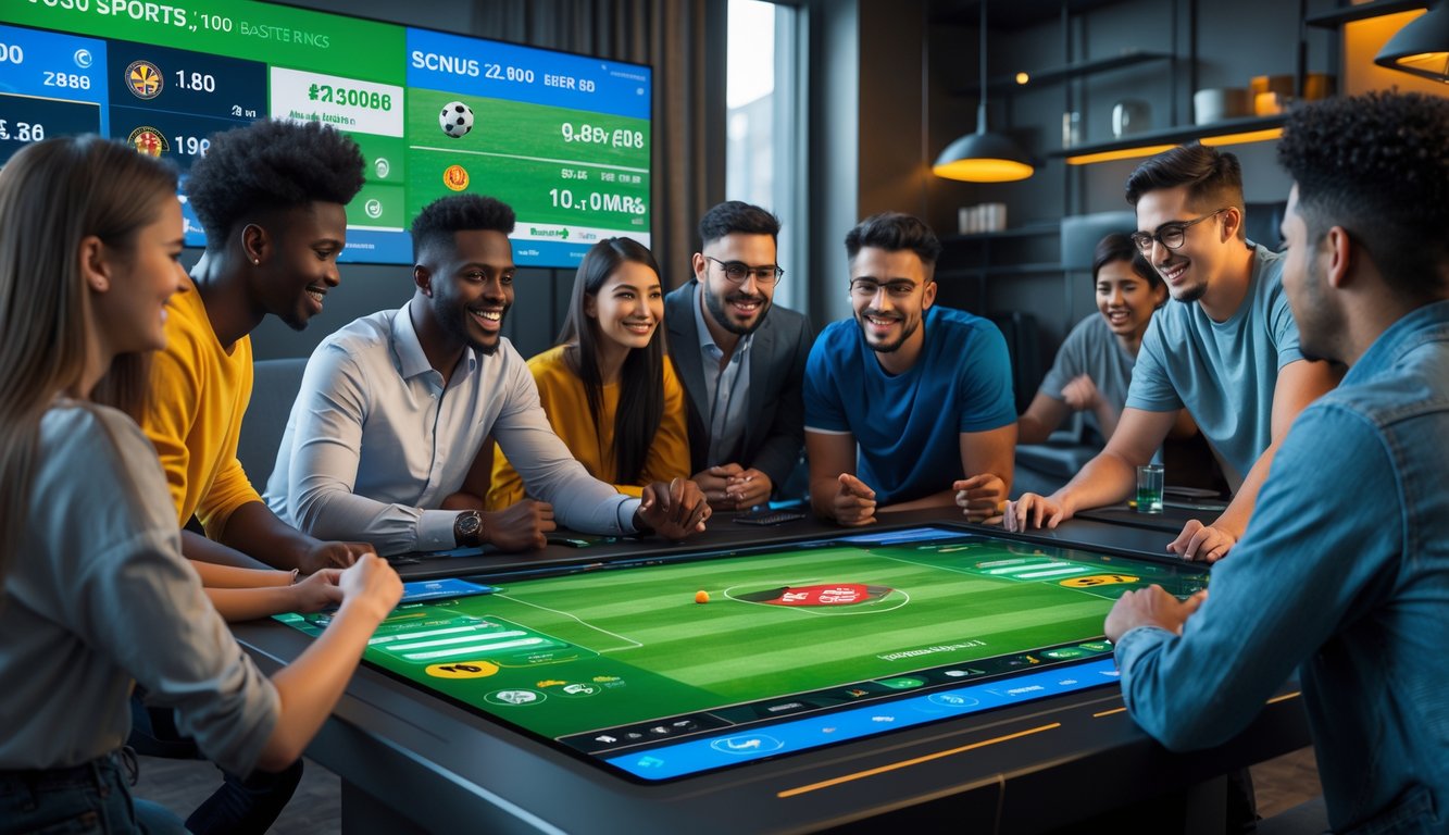 Sekelompok orang muda sedang menggunakan meja sentuh besar untuk bertaruh olahraga online dengan grafik dan statistik pertandingan sepak bola.