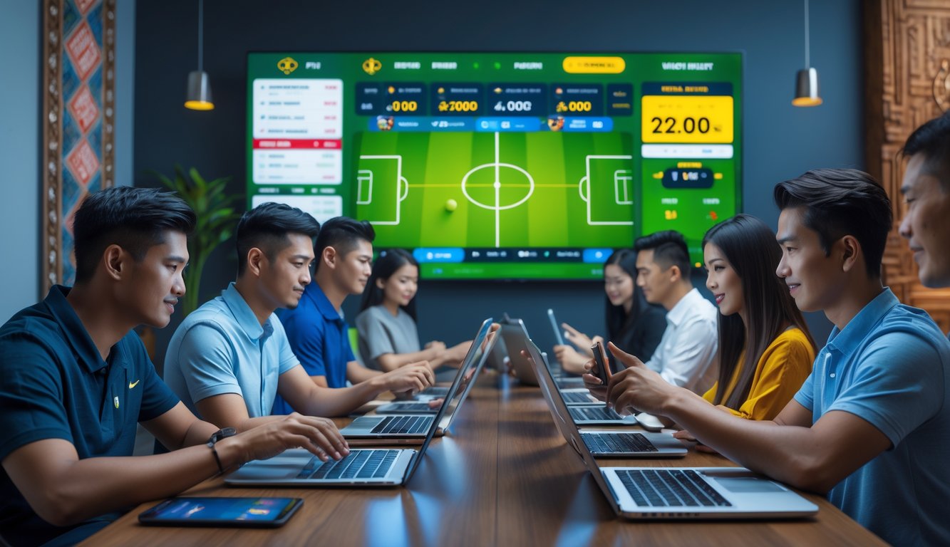 Beberapa orang muda menggunakan perangkat digital untuk bertaruh pada pertandingan sepak bola di ruangan modern dengan layar besar menampilkan cuplikan pertandingan.