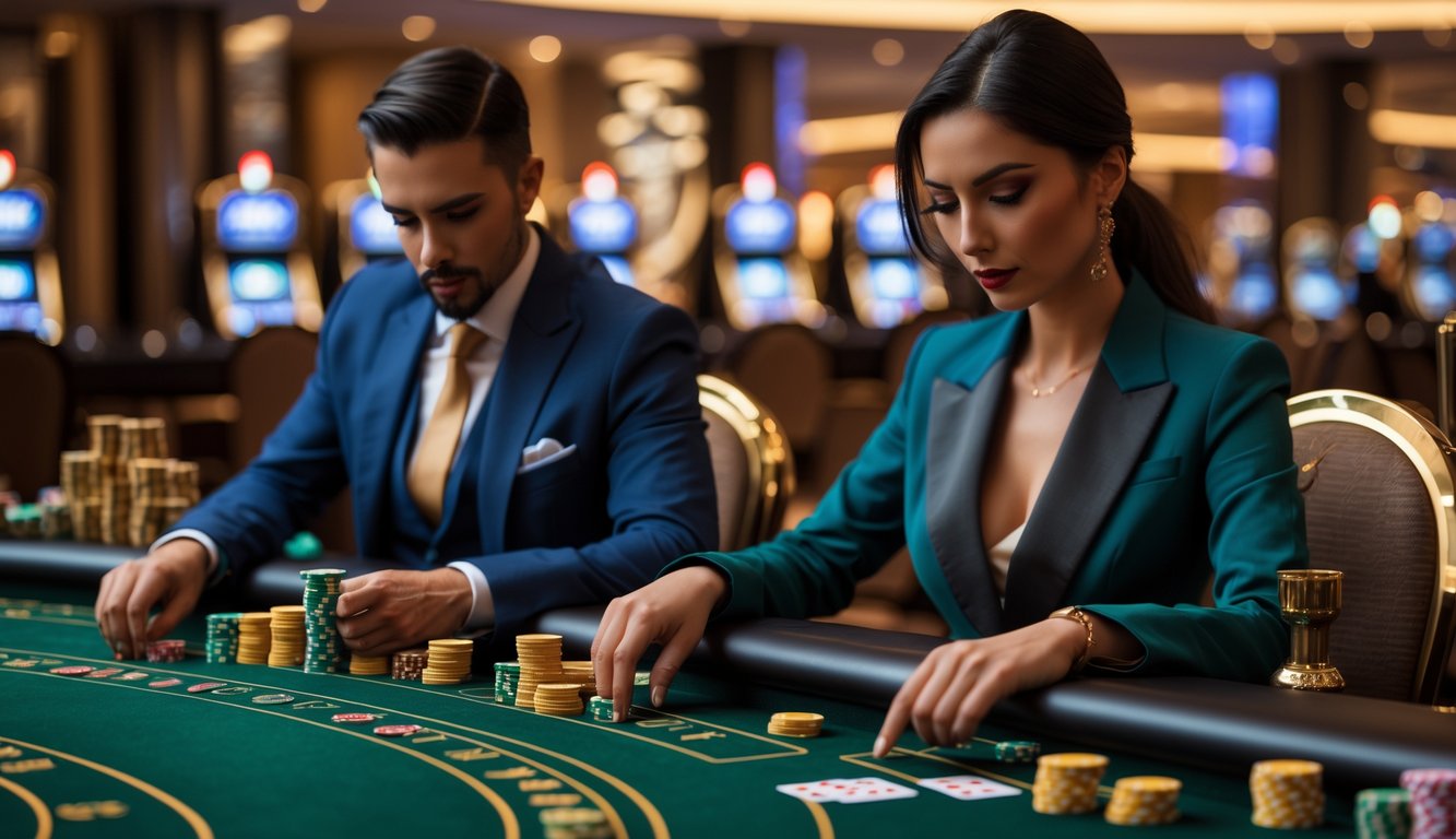 Dua pemain berjudi baccarat di meja kasino dengan kartu dan chip, fokus pada permainan.