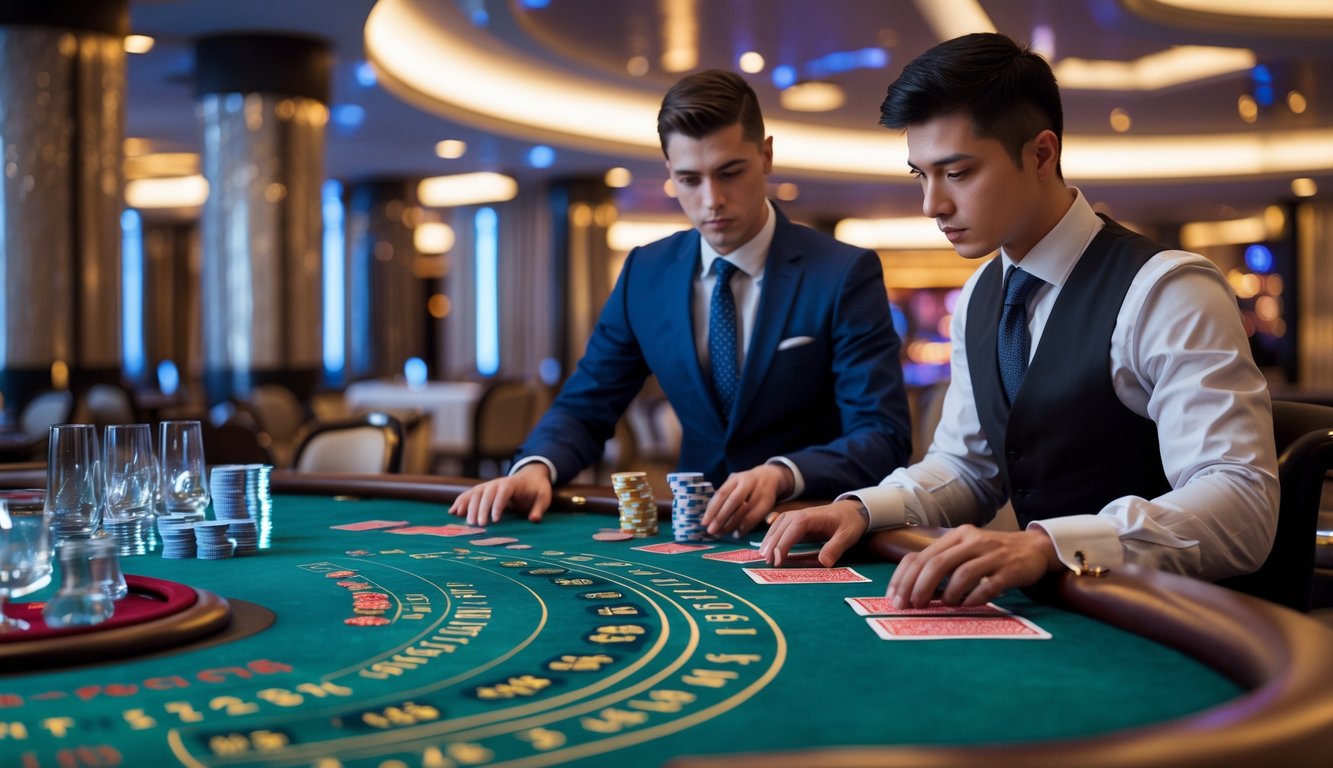 Seorang pemain muda yang berpakaian rapi sedang memperhatikan meja baccarat di kasino dengan dealer yang sedang membagikan kartu.