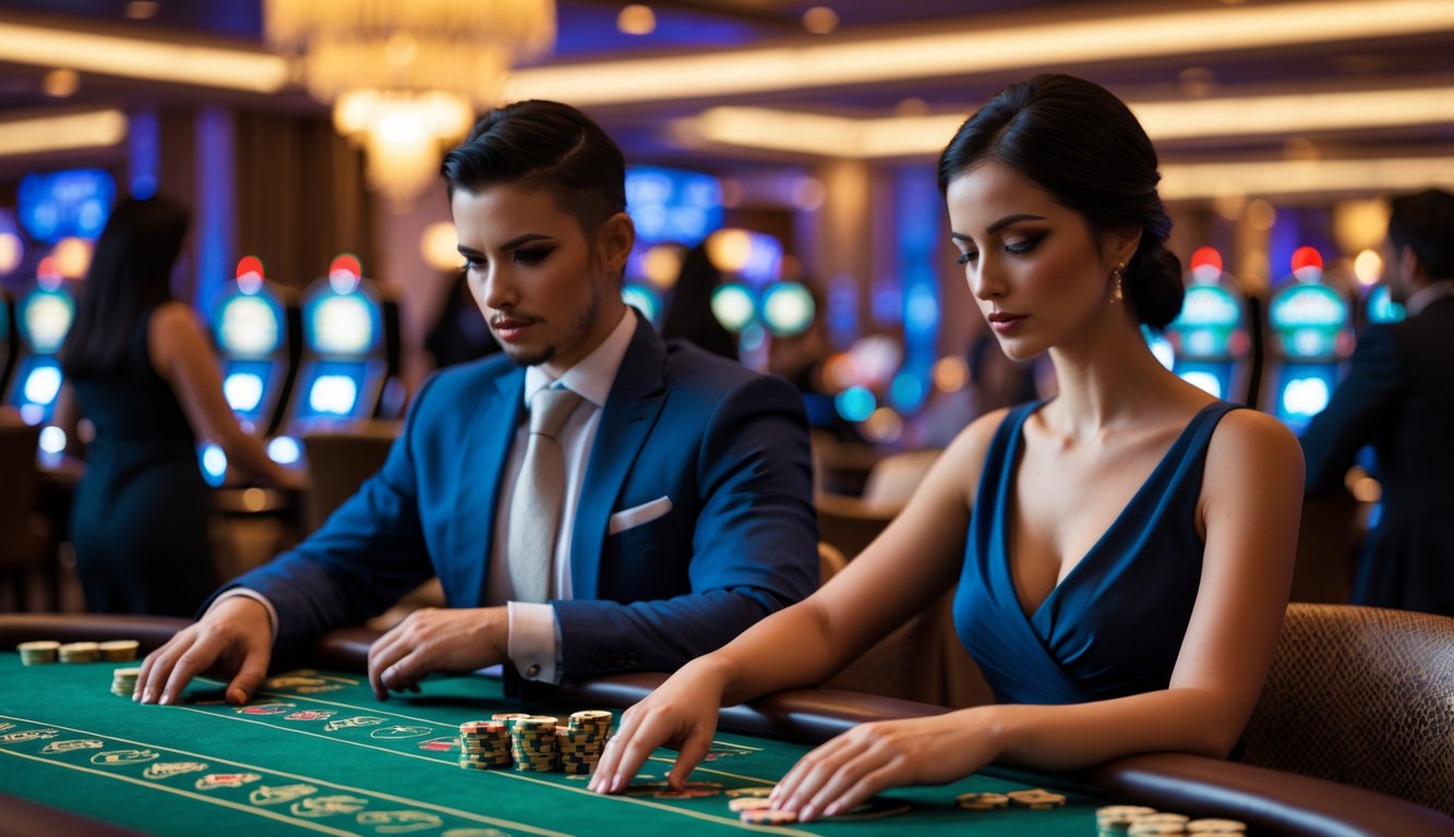 Dua pemain berjudi di meja baccarat di dalam kasino yang mewah dengan pencahayaan hangat, fokus pada kartu dan chip di meja.