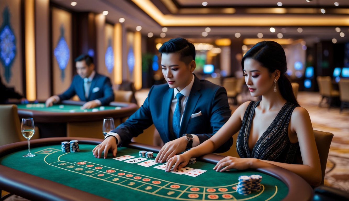 Dua orang bermain baccarat di meja kasino dengan dekorasi modern dan elemen budaya Indonesia di latar belakang.