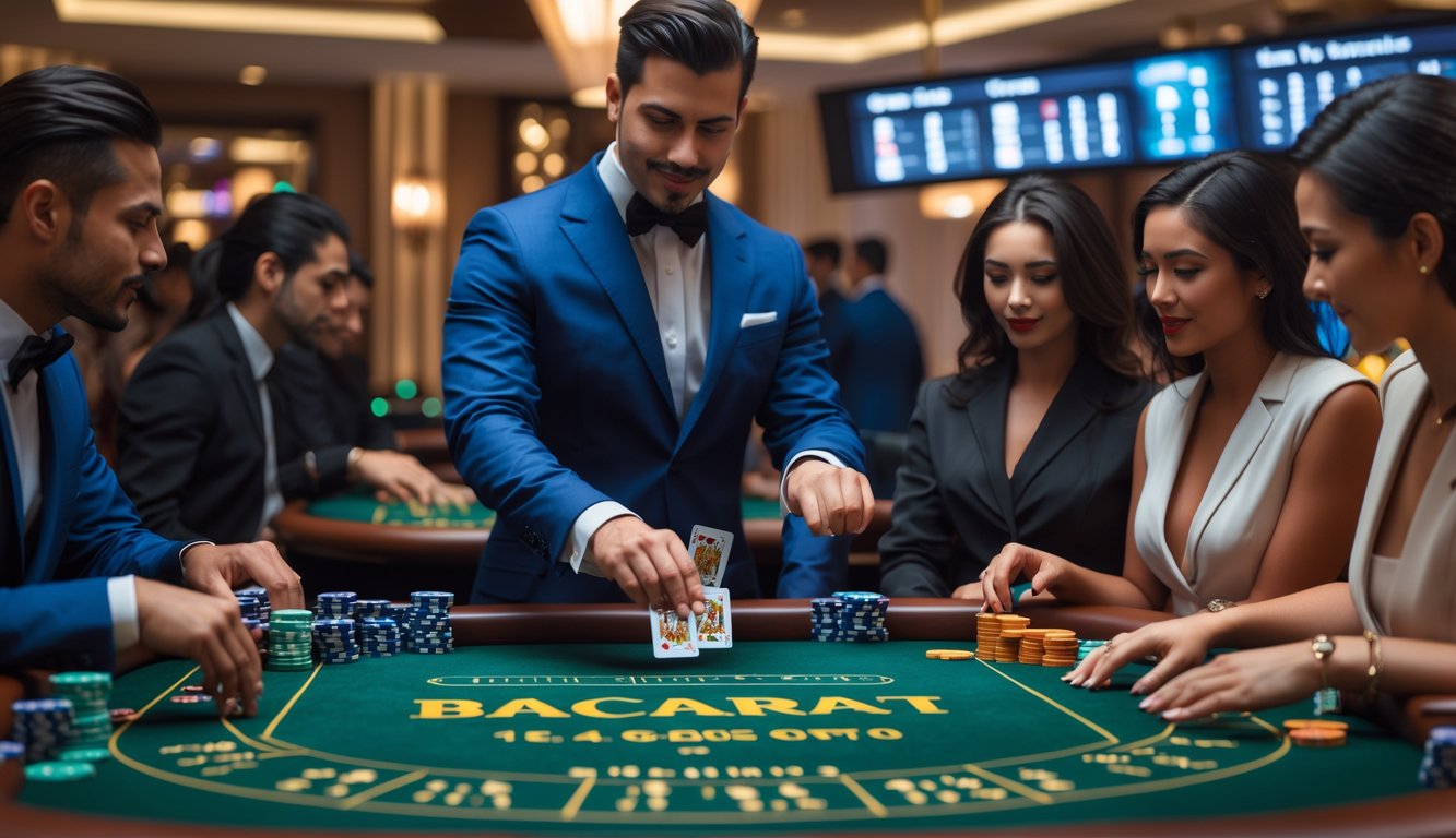 Seorang dealer dan beberapa pemain sedang bermain baccarat di meja kasino dengan suasana yang serius dan fokus.