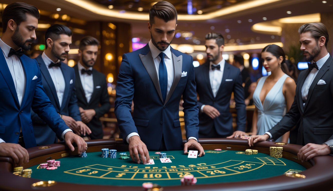 Seorang dealer dan pemain di meja baccarat di dalam kasino mewah dengan suasana serius dan fokus.