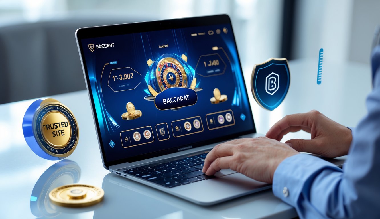 Seseorang menggunakan komputer dengan tampilan permainan Baccarat online yang modern dan terpercaya.