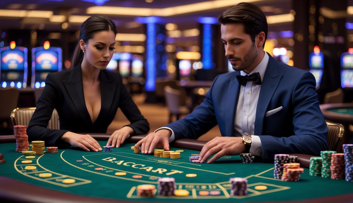 Seorang pria dan wanita duduk di meja baccarat di kasino, fokus pada permainan dengan kartu dan chip di meja.