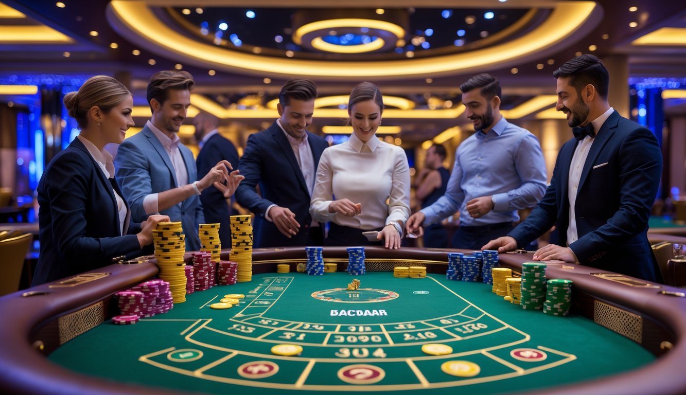 Meja baccarat di kasino dengan pemain dan dealer yang sedang bermain bersama.