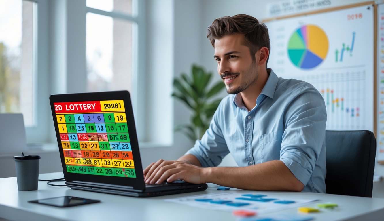 Seorang pria muda duduk di meja dengan laptop, melihat layar yang menampilkan grafik dan angka, di ruangan yang terang dan rapi.