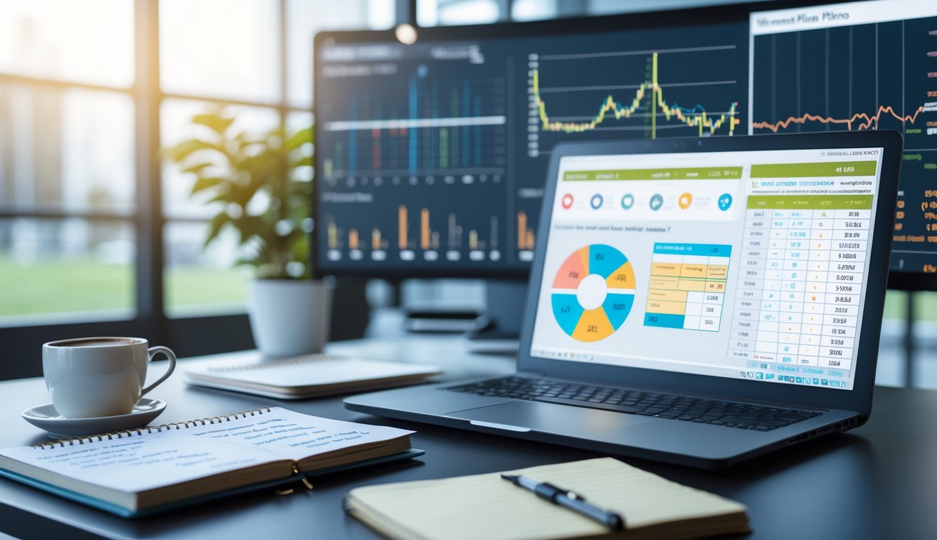 Sebuah meja kerja modern dengan laptop menampilkan grafik dan angka, buku catatan dengan tulisan tangan, dan layar digital besar dengan data analitik di latar belakang.