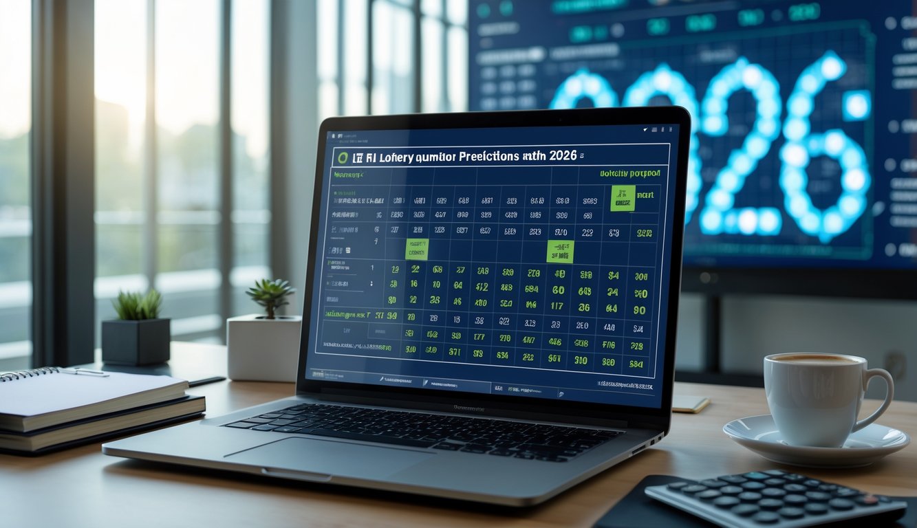 Meja kerja modern dengan laptop, kalkulator, dan catatan yang menunjukkan analisis angka togel 2D untuk tahun 2026.