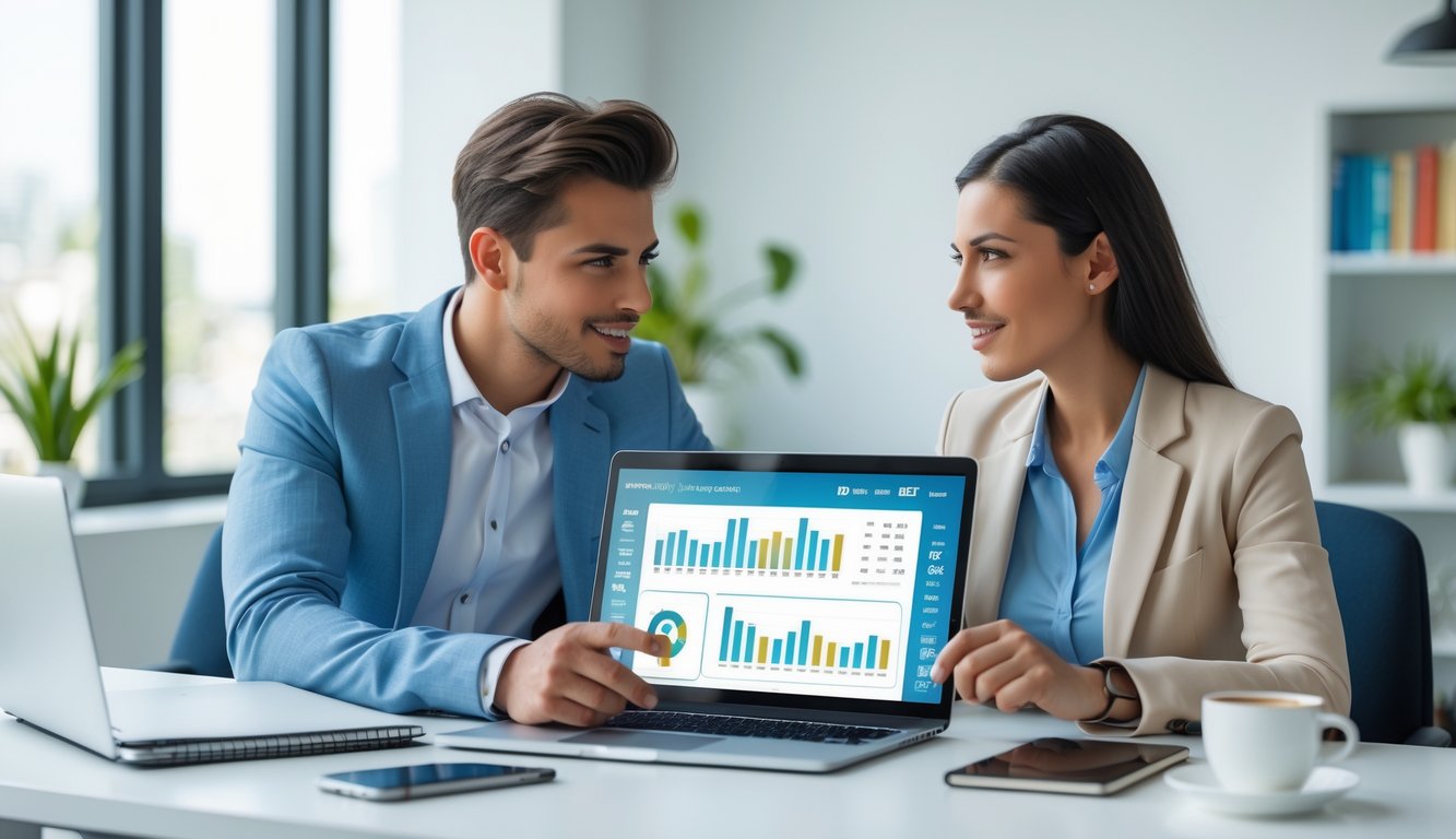 Dua orang dewasa muda sedang berdiskusi di meja kantor dengan laptop dan alat tulis di sekitarnya.