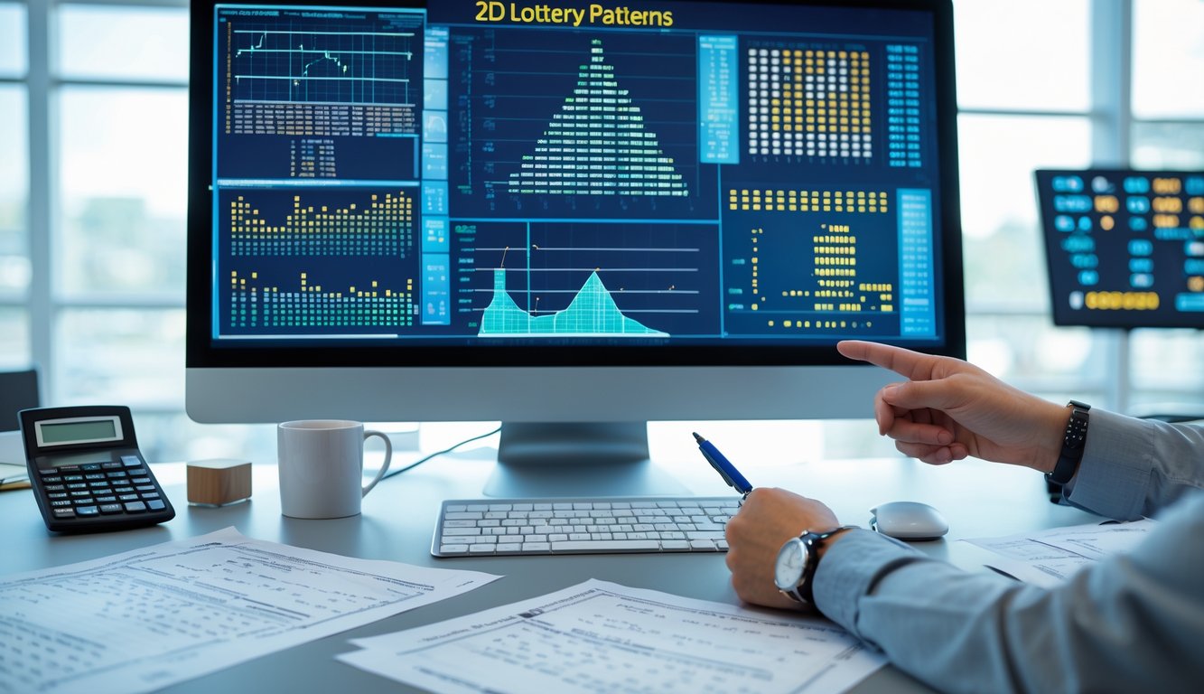 Meja kerja modern dengan komputer menampilkan grafik dan data angka, tangan seseorang menunjuk layar, dan kertas berisi rumus matematika tersebar di meja.