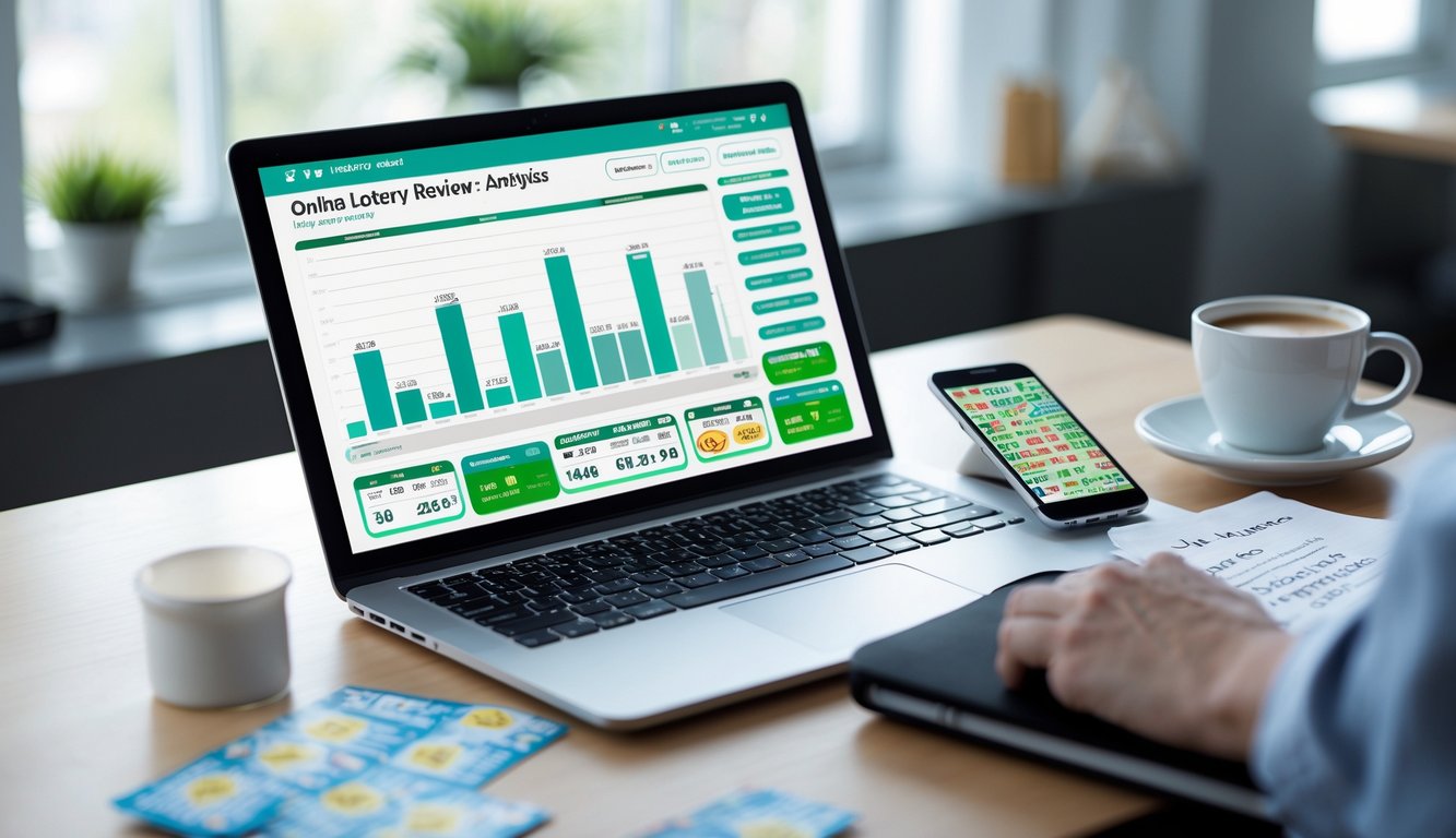 Meja kerja dengan laptop, ponsel, tiket togel, dan secangkir kopi di ruangan terang.