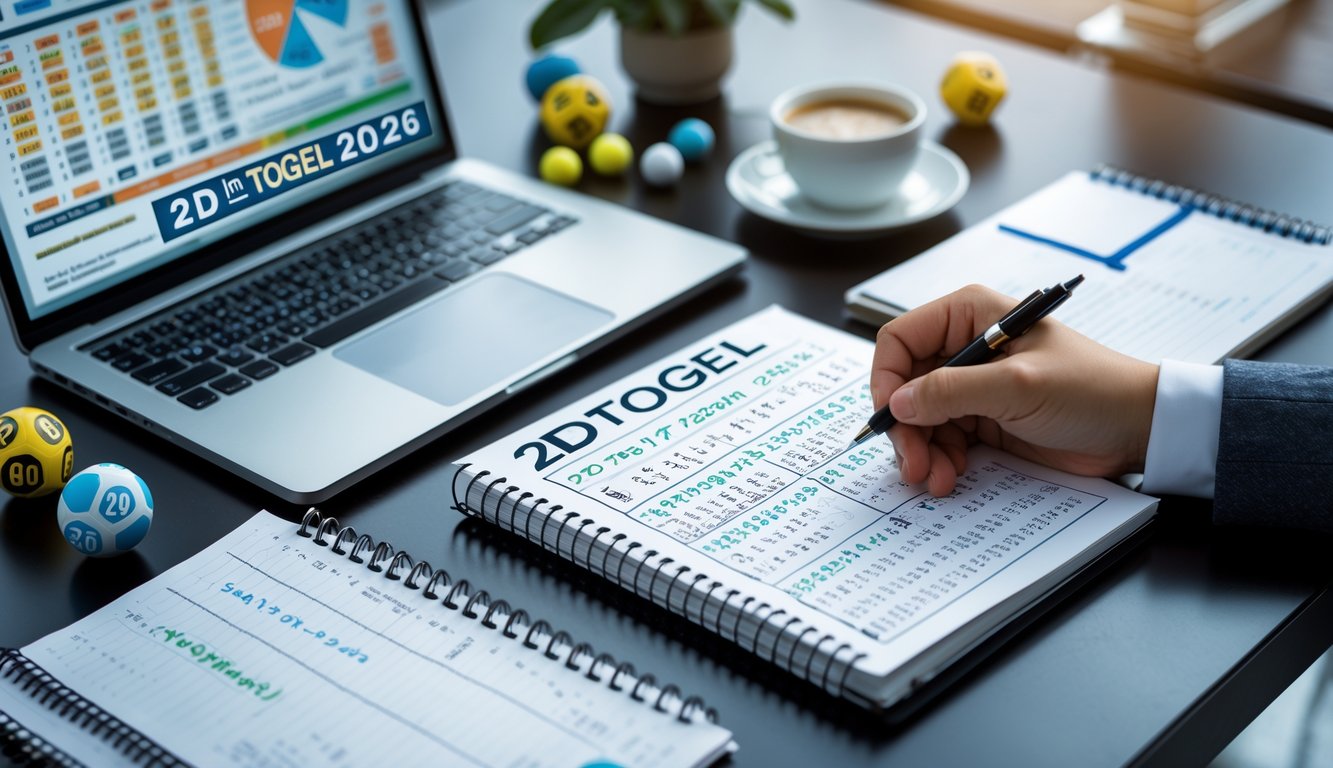 Meja kerja dengan laptop, buku catatan, dan bola lotere yang menunjukkan suasana analisis strategi angka togel 2D tahun 2026.