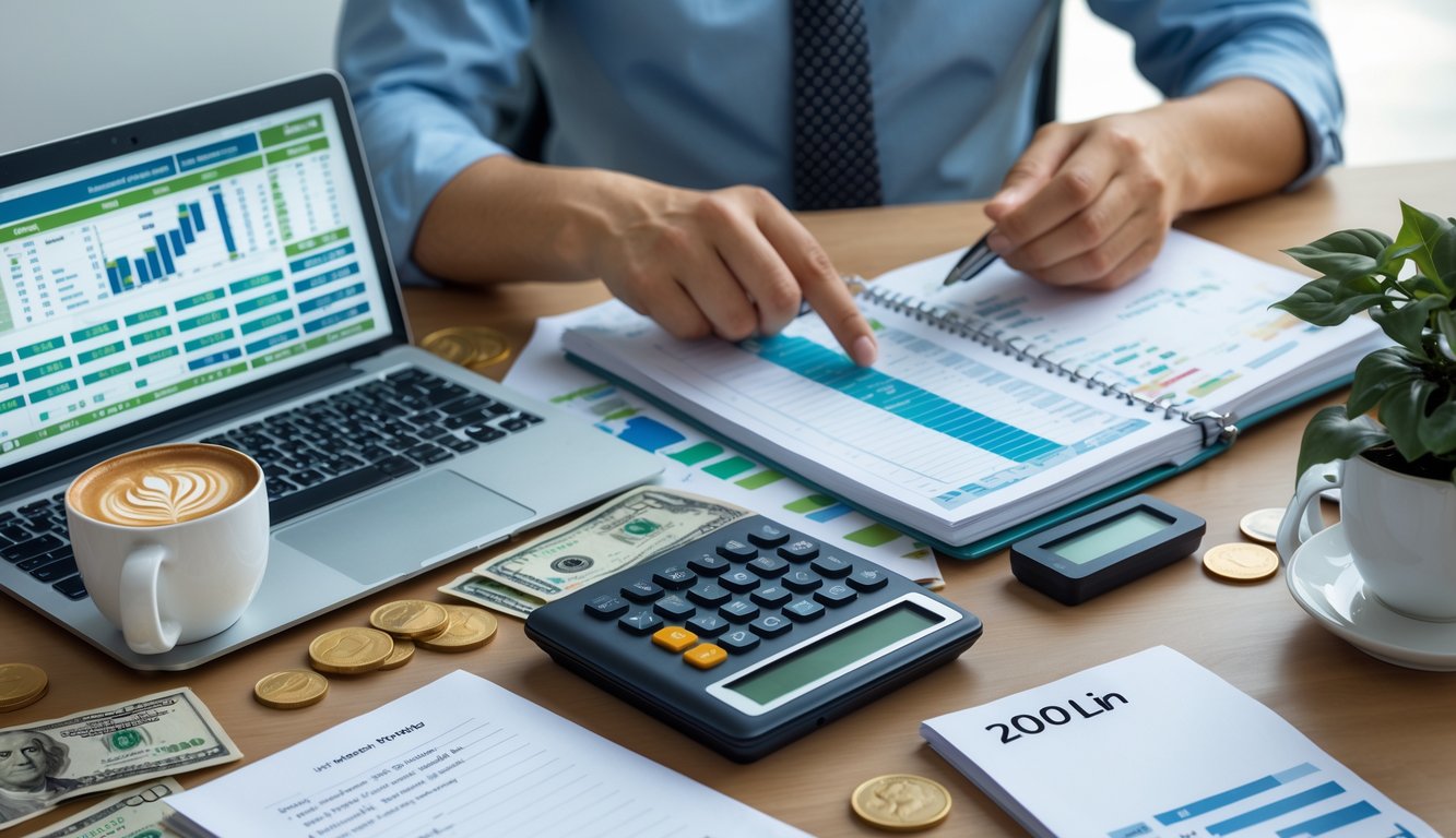 Seseorang sedang mengelola keuangan dengan laptop, kalkulator, dan catatan di meja kerja yang rapi.