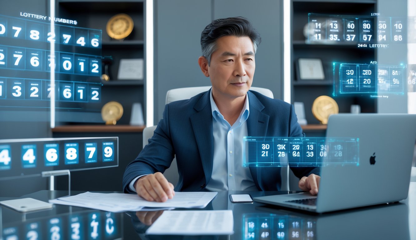 Seorang pria Asia duduk di meja modern dengan perangkat digital menampilkan angka dan grafik, sedang menganalisis data prediksi togel.
