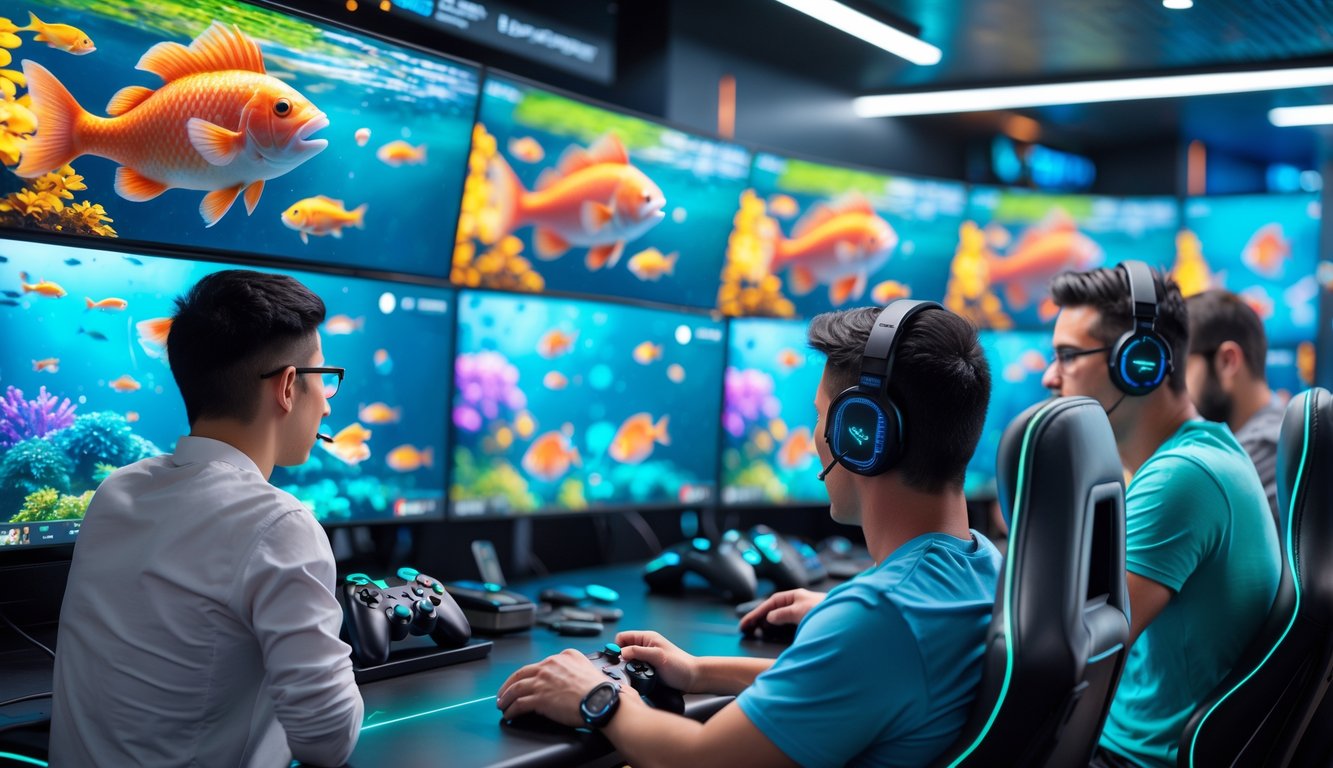 Beberapa pria sedang bermain permainan tembak ikan 3D di sebuah ruang permainan modern dengan layar besar dan suasana yang fokus.