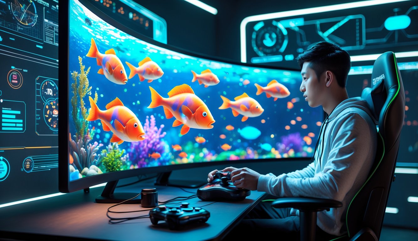 Seorang gamer muda sedang bermain game tembak ikan 3D dengan layar besar menampilkan ikan-ikan berwarna-warni di ruangan yang terang dan modern.