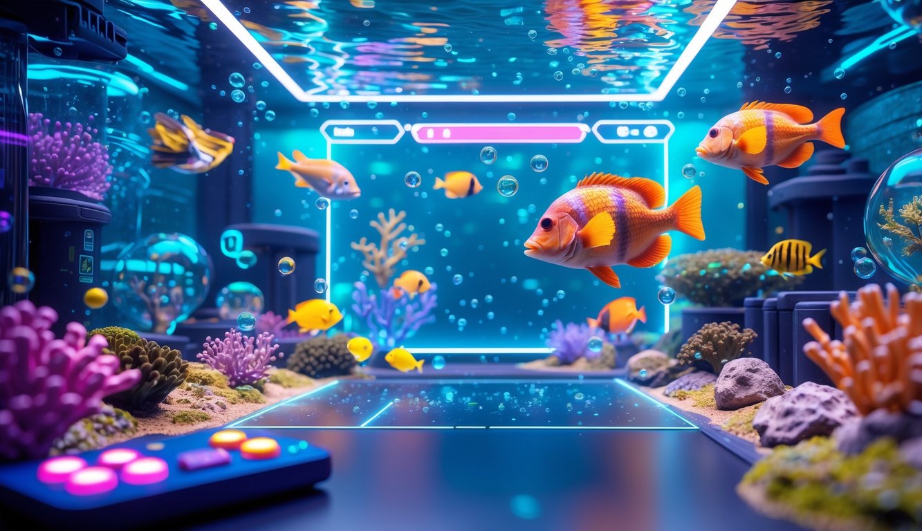 Suasana permainan tembak ikan 3D dengan ikan berwarna-warni dan efek cahaya neon di bawah laut.